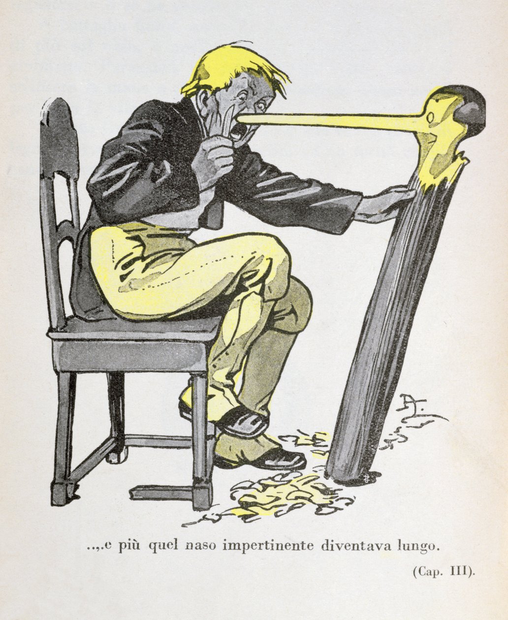 O nariz de Pinóquio começou a crescer enquanto Gepetto continuava a esculpir a sua figura", ilustração de "Pinóquio" de Carlo Collodi (1826-90) 1935 (litografia a cores) de Attilio Mussino