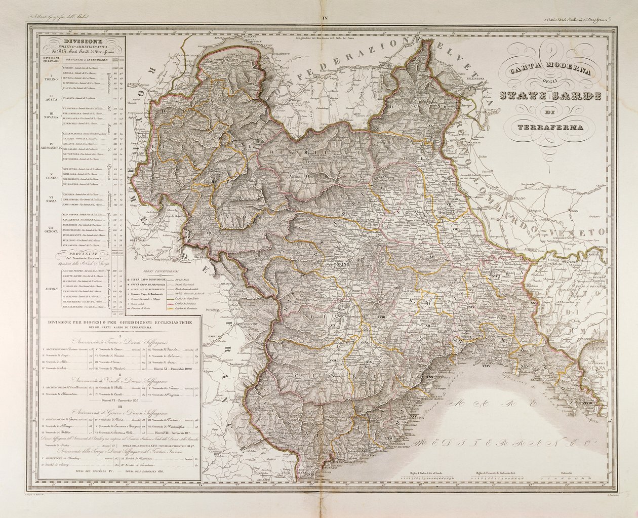 Estados da Sardenha no continente. Mapa de Attilio Zuccagni-Orlandini, retirado do Atlas Geográfico dos Estados Italianos, Florença, gravura em cobre de Attilio Zuccagni Orlandini