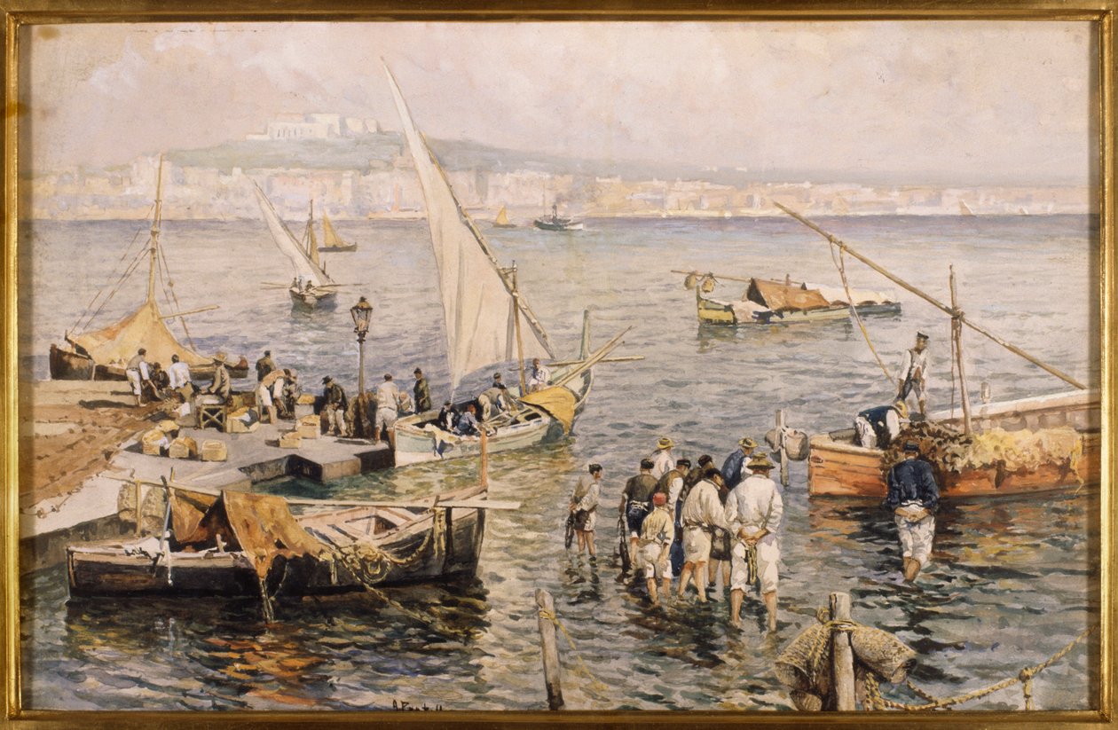 Marina com pescadores (aquarela) de Attillo Pratella
