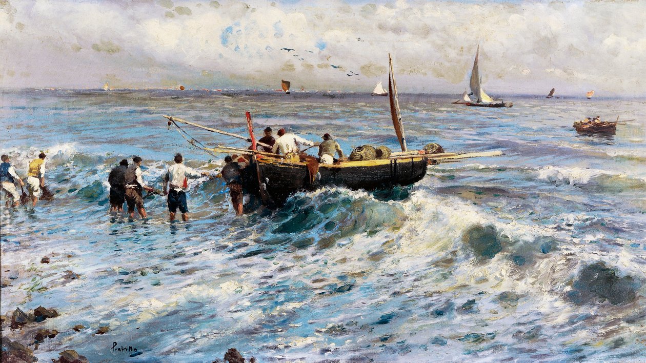 Seascape com pescadores (pintura) de Attillo Pratella