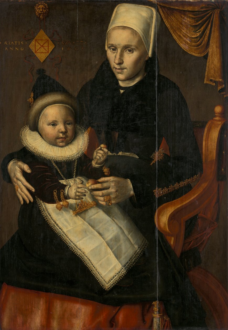 Mãe e filho na gravidez Holanda do Norte. óleo sobre painel médio QS de Attributed to Jan Claesz.