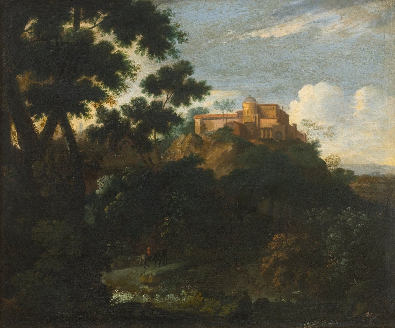 Paisagem montanhosa arborizada com viajantes em uma pista, uma villa além de Jean Francois Millet