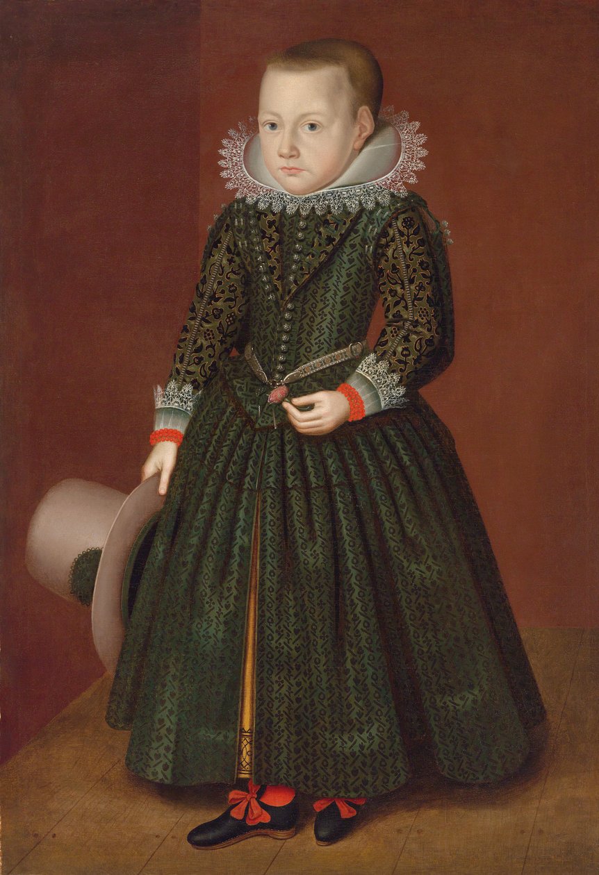 Retrato, de, um, menino jovem, ficar, em, saias, segurando, um, plumed, chapéu de Wybrand Simonsz. de Geest