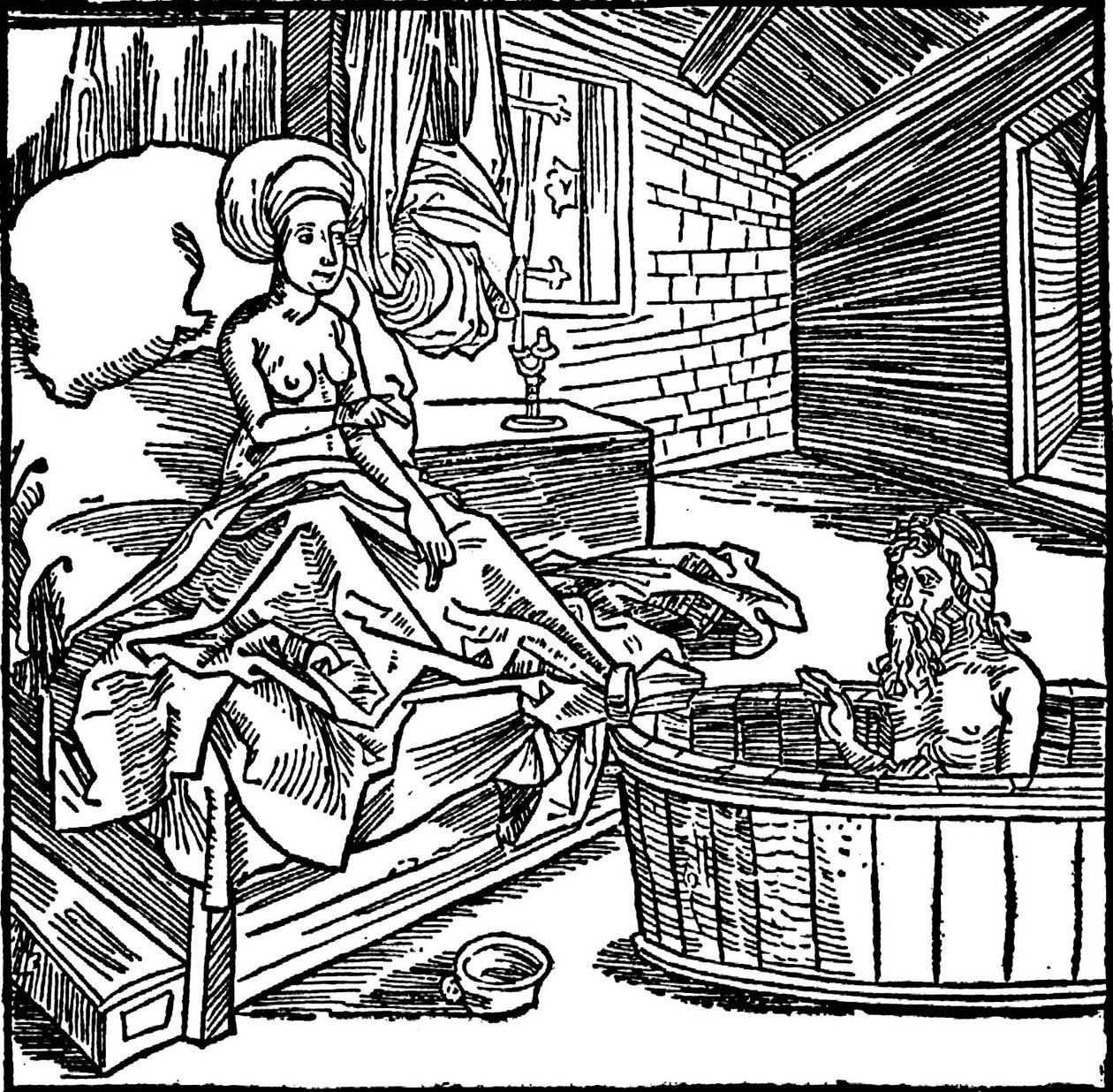 A mulher e o eremita a banhar-se. de attributed to Albrecht Dürer