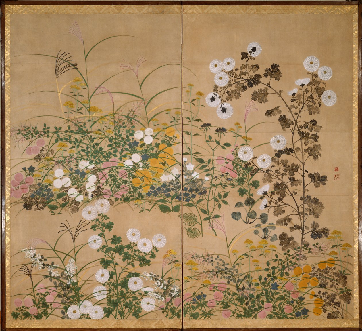 Obras de arte importantes Ecrã ilustrado com relva no outono de attributed to Ogata Kōrin