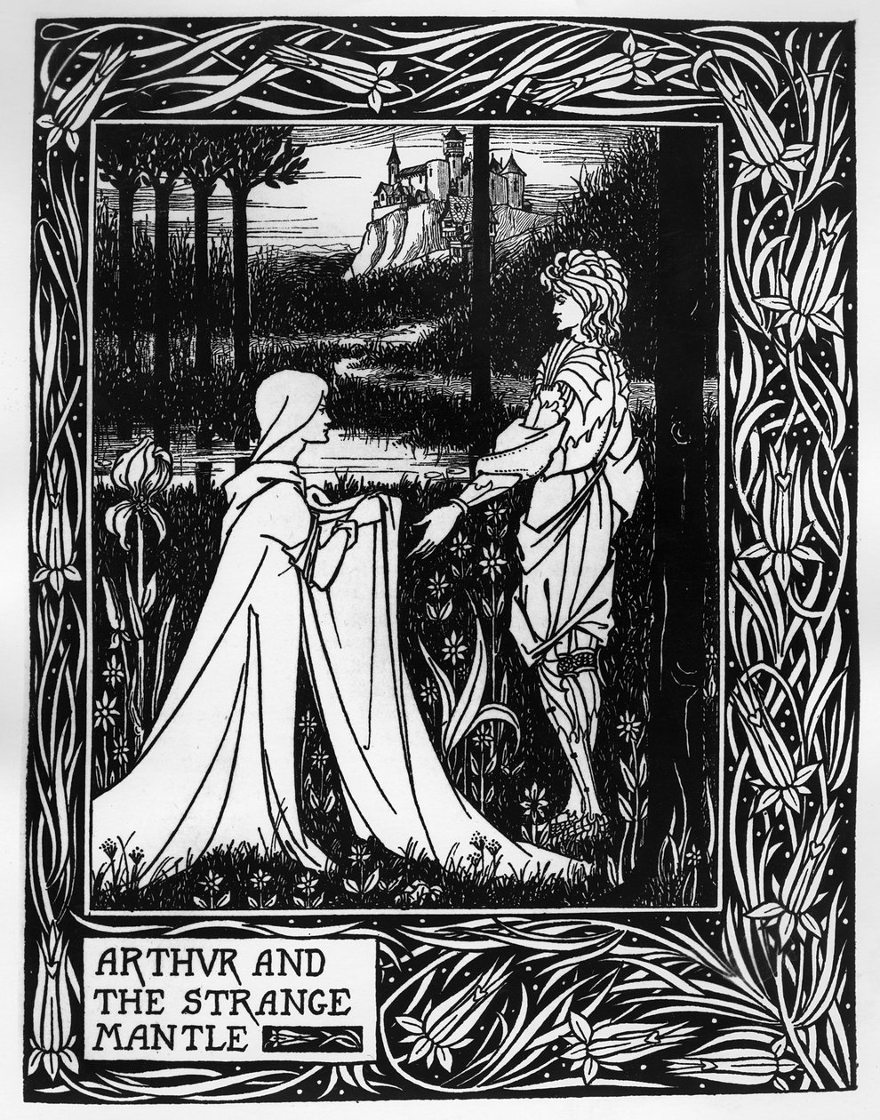 Arthur e o estranho manto, uma ilustração de "Le Morte d&39;Arthur" de Sir Thomas Malory, 1893-94 de Aubrey Beardsley