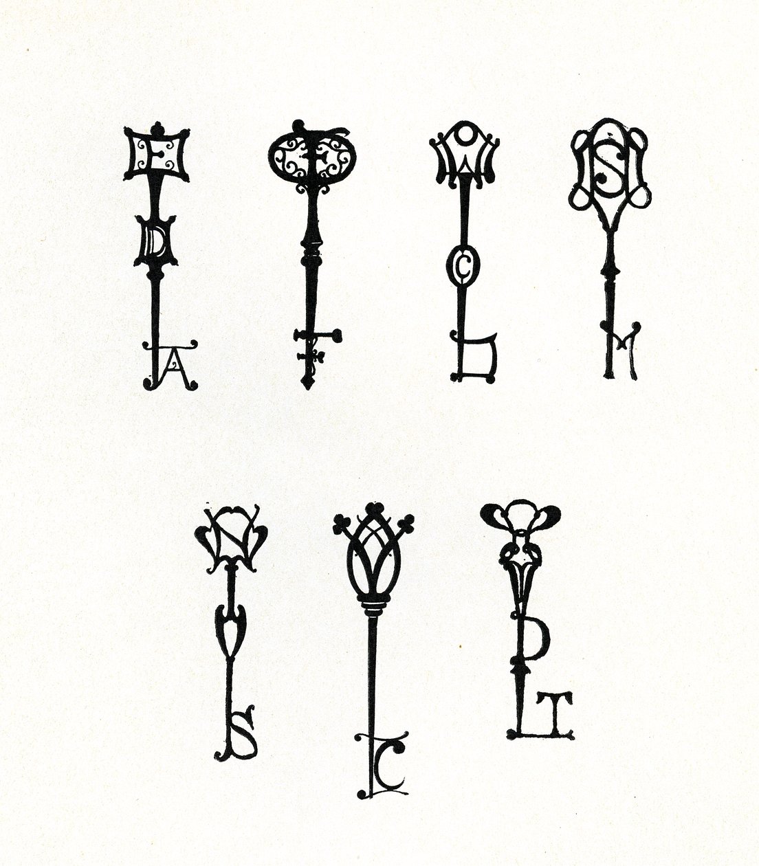 Sete designs de teclas iniciais para as capas traseiras da série &39;Keynote&39; de Aubrey Beardsley
