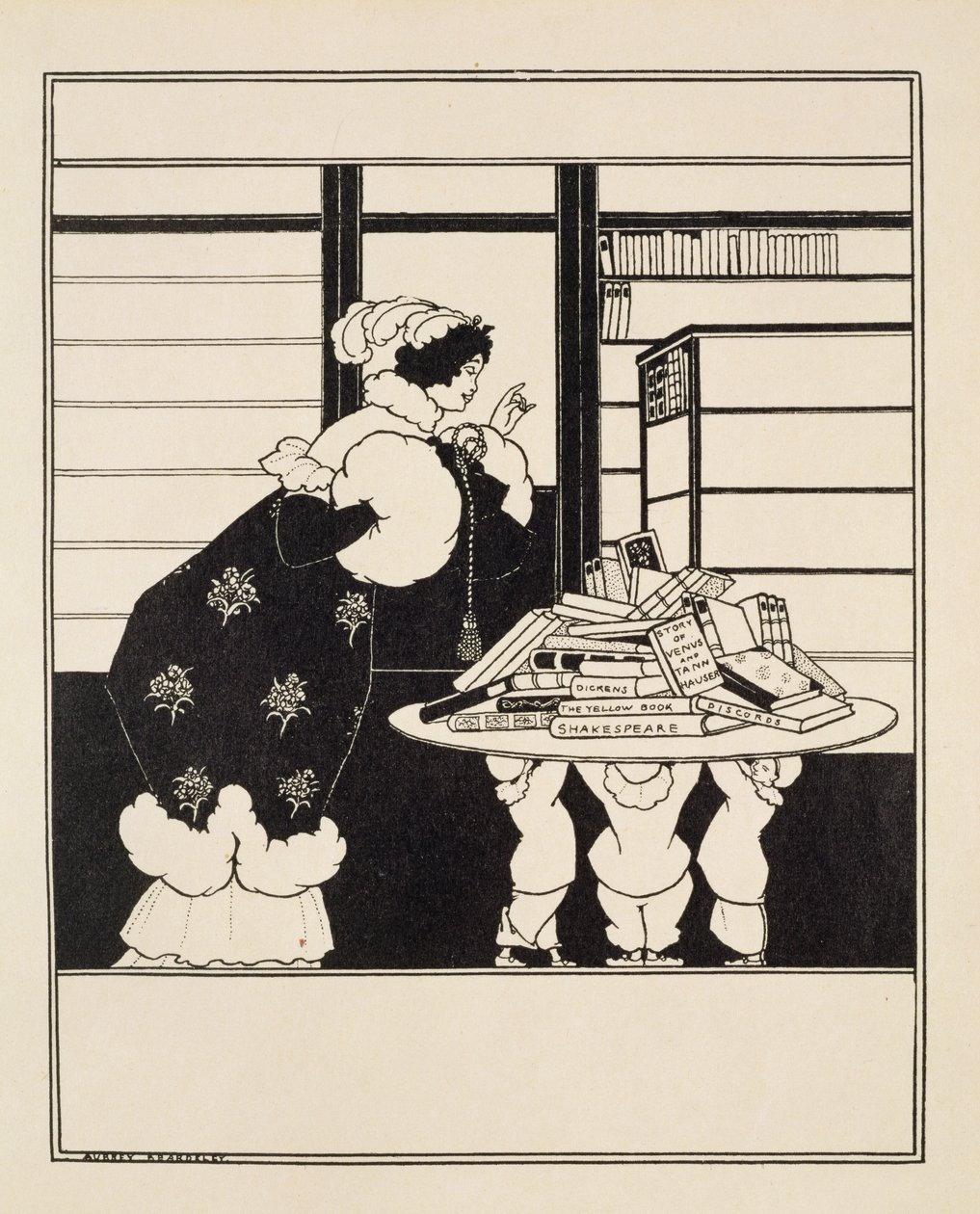 Mulher numa livraria, design para capa &39;Livro Amarelo&39; (sem uso) c.1894-5 de Aubrey Beardsley