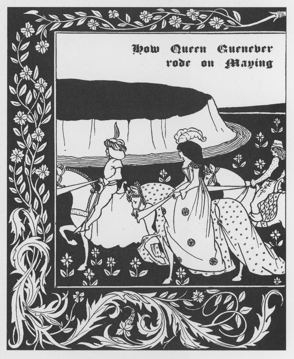 Arthurian Legend: "Queen Guenievre Queen of May" Gravura em "The Morte of Arthur" de Sir Thomas Malory, edição ilustrada por Aubrey Beardsley (1872-1898) 1893-1894 (lenda arturiana: rainha Guenever (Guinevere) maying, ilustração de Aubrey Beard de Aubrey Beardsley