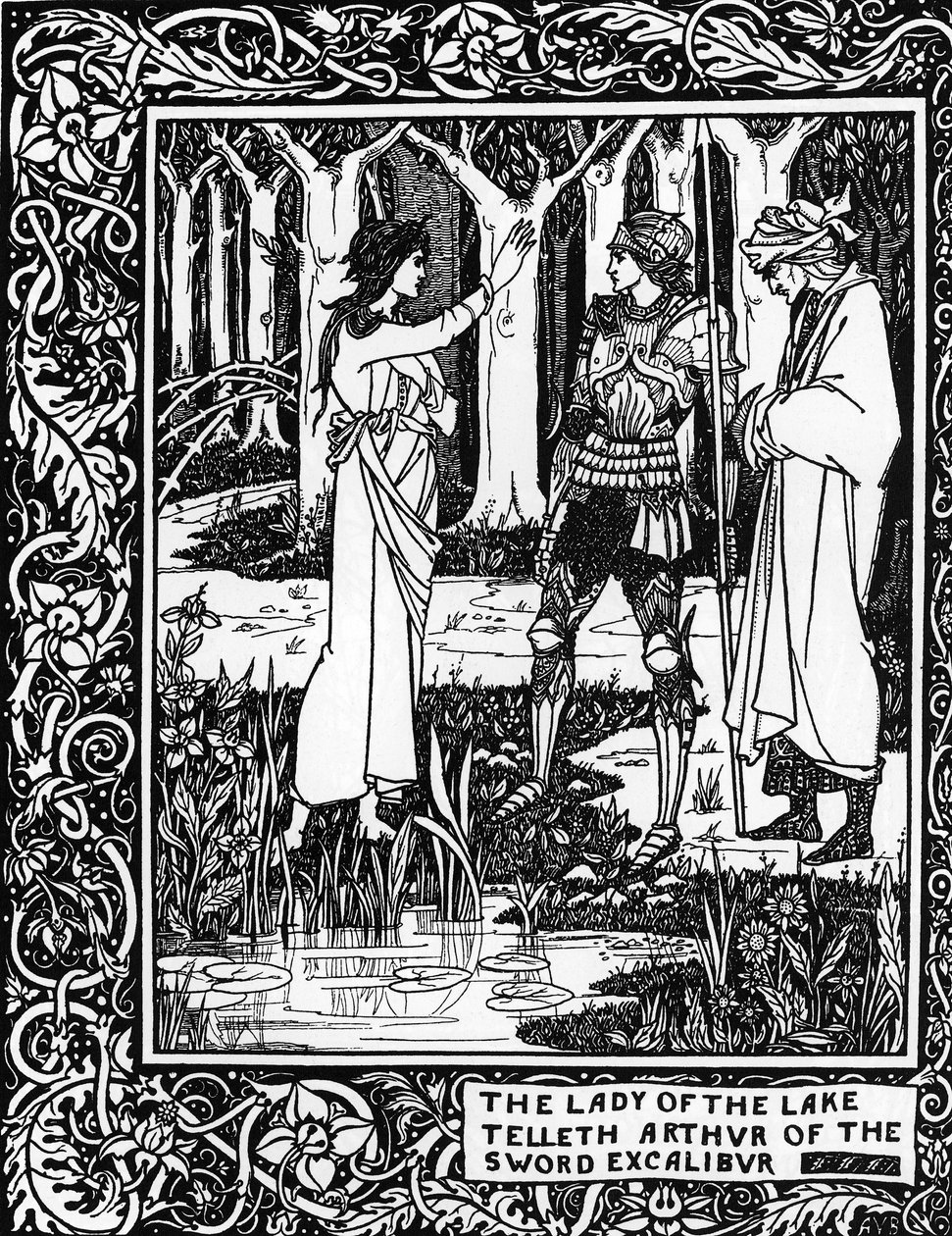 Arthurian Legend: "A Senhora do Lago (taxa Vivian) ensina a Arthur a existência da Excalibur epee" Gravura em "Le Morte d