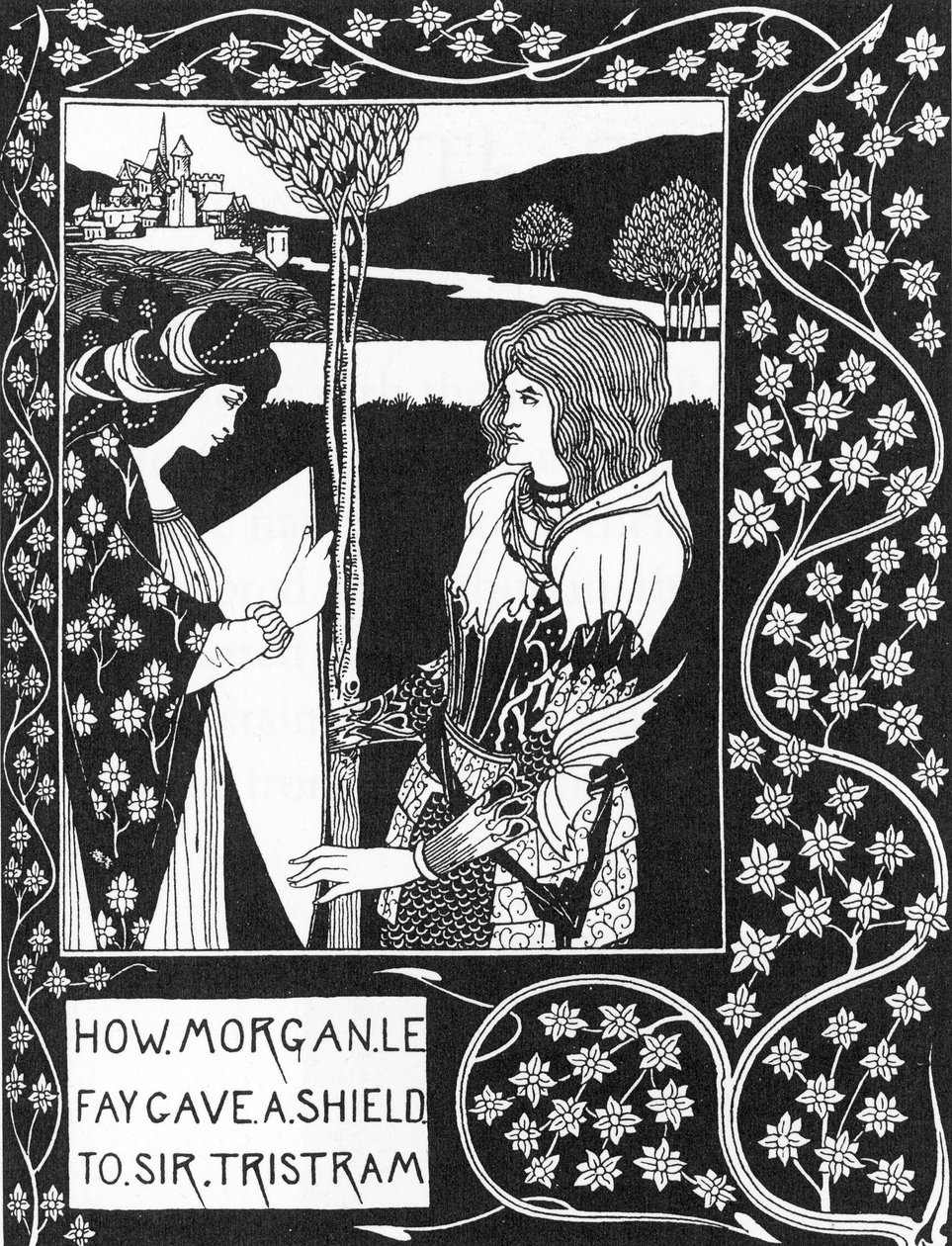 Arthurian Legend: "The fee Morgane gives a shield to Tristan" Gravação em "The story of Tristan and his adventures, which includes his love story with Isolde" "The Morte of Arthur" de Sir Thomas Malory, edição ilustrada por Aubrey deu Beardsley ( de Aubrey Beardsley