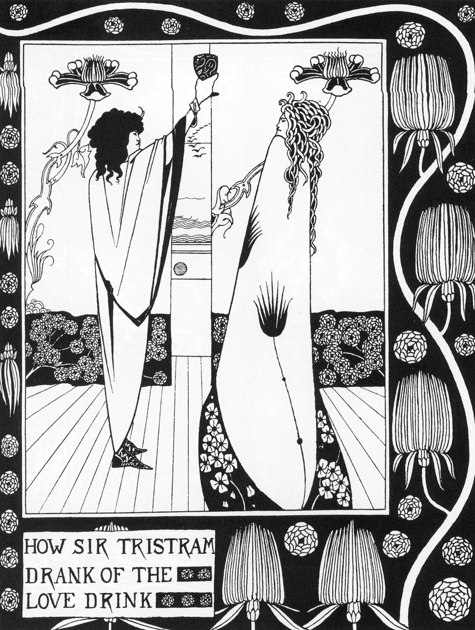 Arthurian Legend: "Tristão bebendo o filme do amor" Gravação em "A história de Tristão e suas aventuras, que inclui sua história de amor com Isolda" de Sir Thomas Malory, edição ilustrada por Aubrey Beardsley (1872-1898) 1893-1894 (Arthuria de Aubrey Beardsley