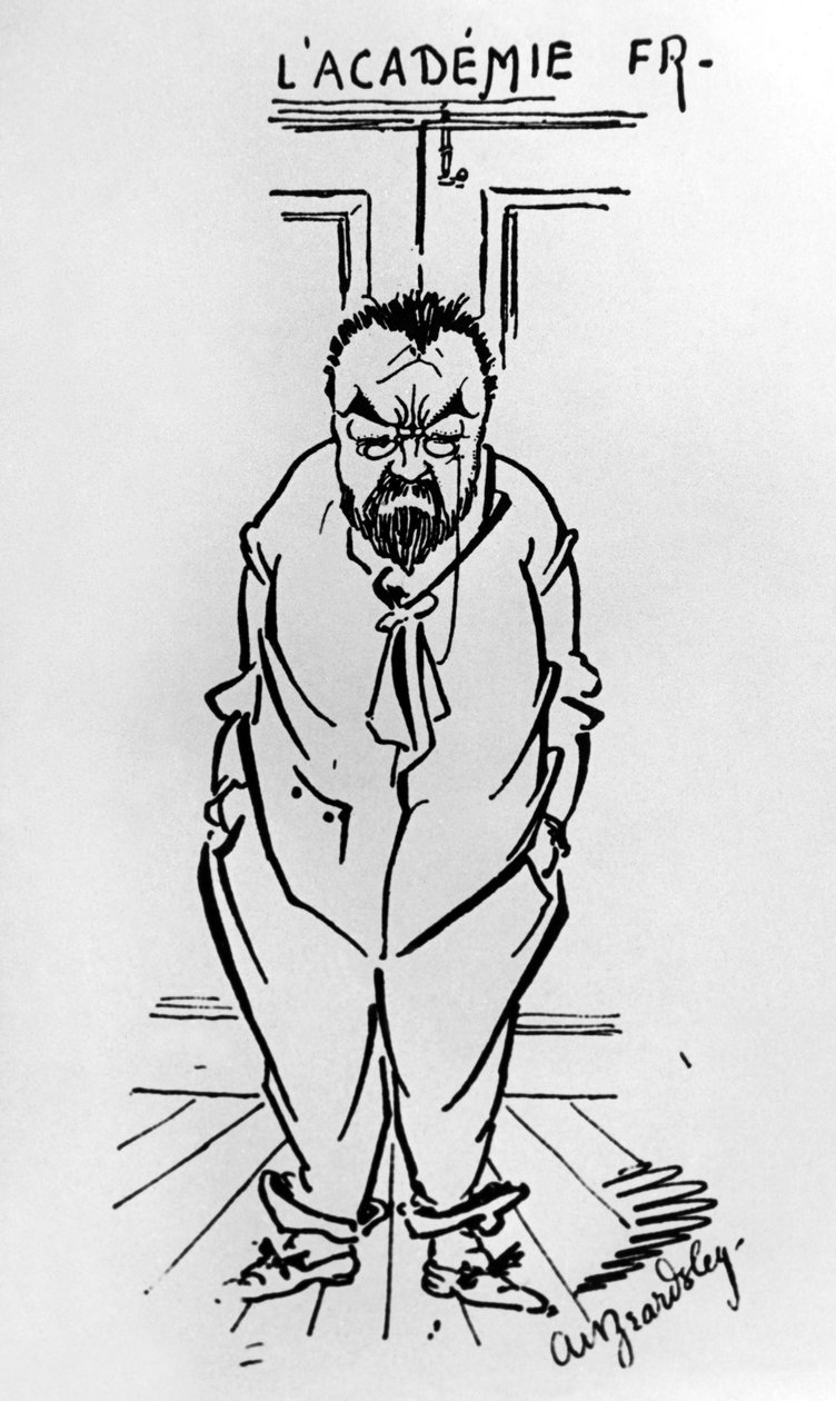 Caricatura do romancista francês Emile Zola (1840-1902) fora da Academie Francaise (desenho) de Aubrey Beardsley