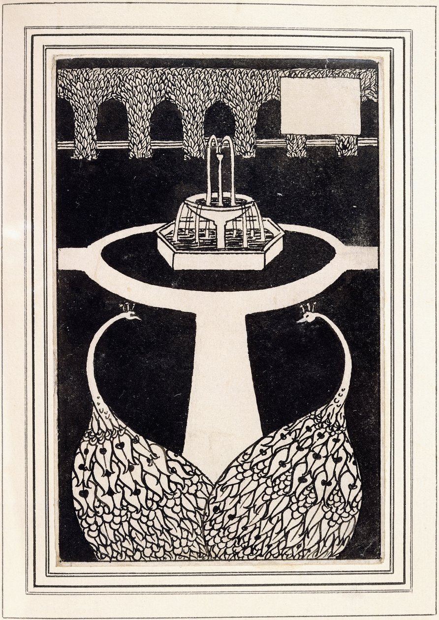 Título do capítulo que descreve dois pavões em um jardim com uma fonte, c.1893 - 4 de Aubrey Beardsley