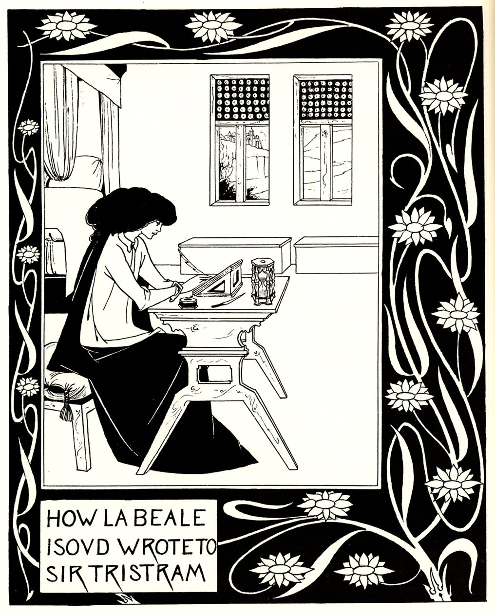 Como La Beale Isoud escreveu para Sir Tristram. Ilustração do livro Le Morte dArthur de Sir Thomas de Aubrey Beardsley