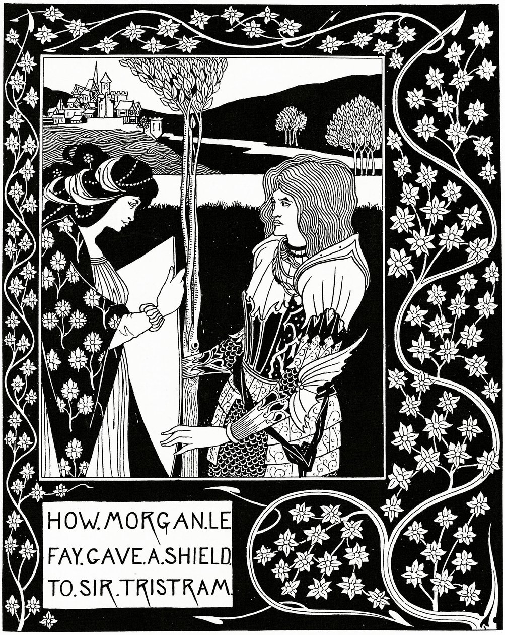 Como Morgan le Fay deu um escudo a Sir Tristram, ilustração de "Le Morte d&39;Arthur" de Sir Thomas Malory, 1894 de Aubrey Beardsley