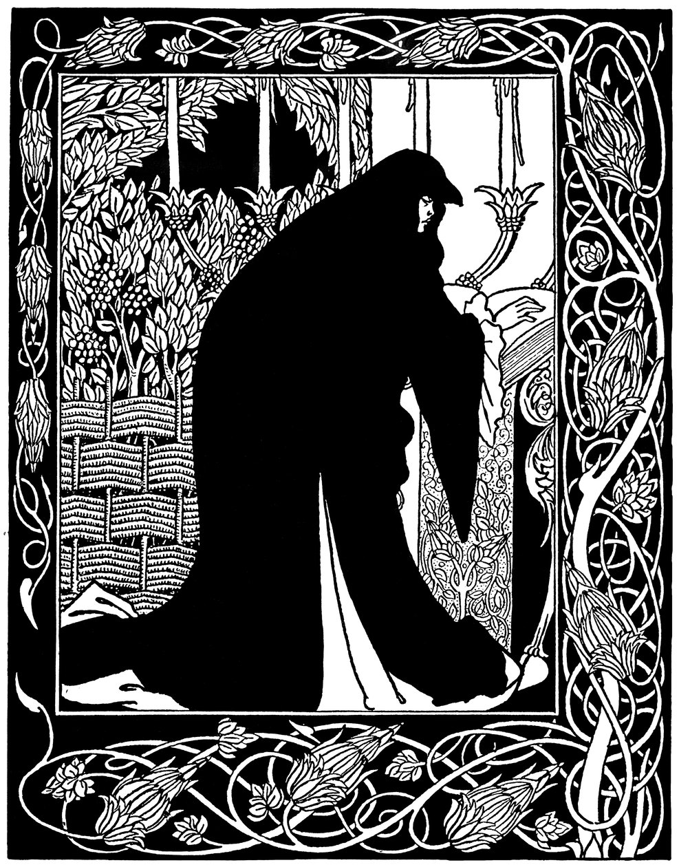 Como a rainha Guenever fez dela uma freira, ilustração de "Le Morte d&39;Arthur" de Sir Thomas Malory, 1893-94 de Aubrey Beardsley