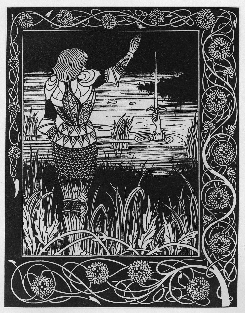 Como Sir Bedivere lançou a espada Excalibur na água, uma ilustração de "Le Morte d&39;Arthur" de Sir Thomas Malory, 1893-94 de Aubrey Beardsley