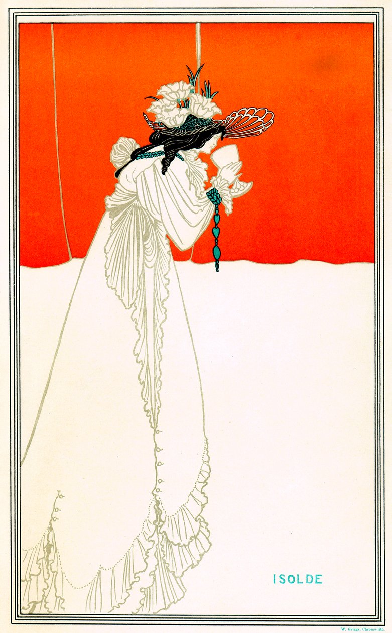 Isolde bebendo o filtro do amor de Aubrey Beardsley (1872-1898) após a ópera de Richard Wagner Tristan e Isolde (Iseult ou Iseut, Yseut, Yseult, Ysolde) - Arthurian Celtic legend - Art Nouveau - chromo litográfico (cromolitografia) W. Griggs, The de Aubrey Beardsley