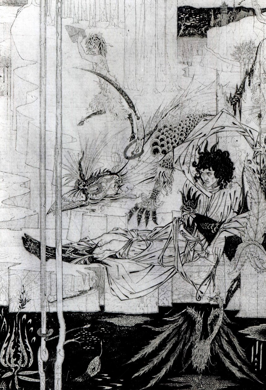 Agora o Rei Arthur viu a Besta de Caça e a sua grande maravilha, de &39;Le Morte d&39;Arthur&39;, de Sir Thomas Malory (d.1471), publicada em 1893-94 (tinta preta e grafite). de Aubrey Beardsley