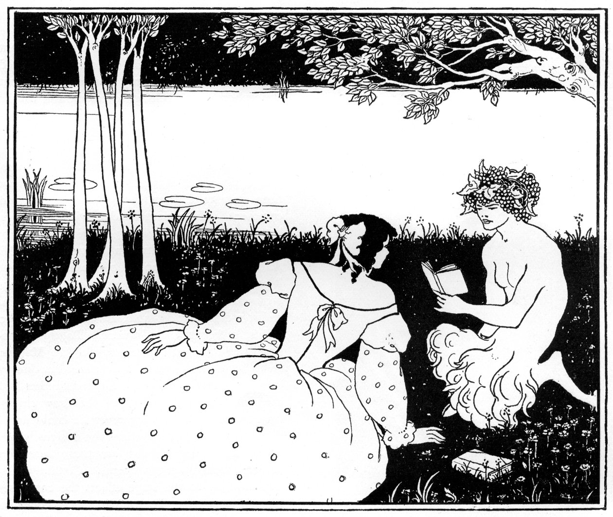 Pan lendo para uma mulher por um riacho, 1898. de Aubrey Beardsley