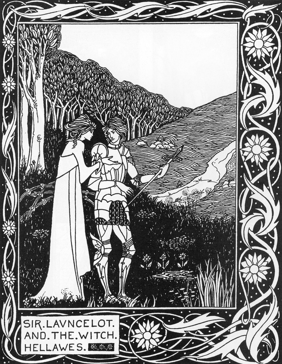 Sir Launcelot e a bruxa Hellawes (Lancelot e a bruxa Hellawes) Ilustração de Aubrey Beardsley (1872-1898) de Thomas Malory "The Death of Arthur" de Aubrey Beardsley