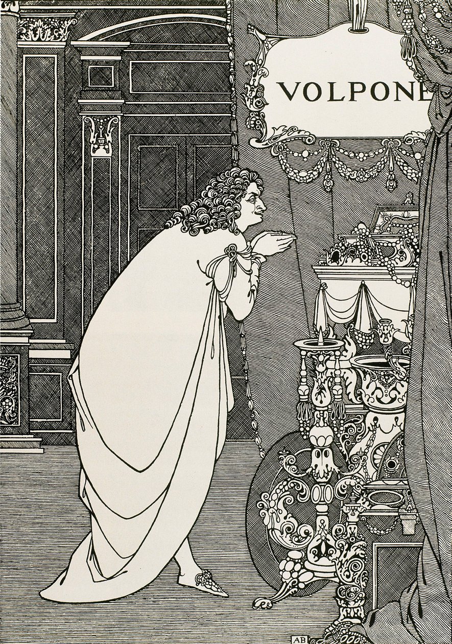 Página de título de Volpone ou a raposa (1609) escrita por Ben Johnson de Aubrey Beardsley