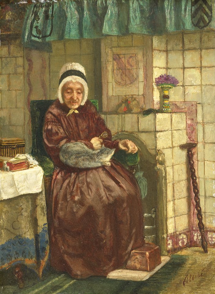 Mulher velha por uma lareira de August Allebe