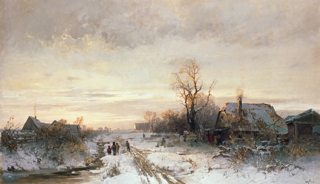 Crianças, tocando, em, um, paisagem inverno de August Fink