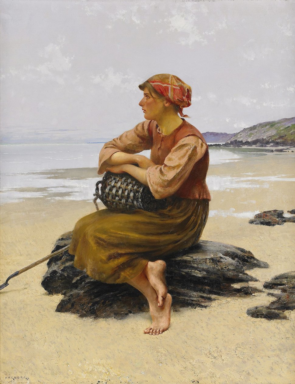 Sentado, ostra, picker, praia de August Hagborg