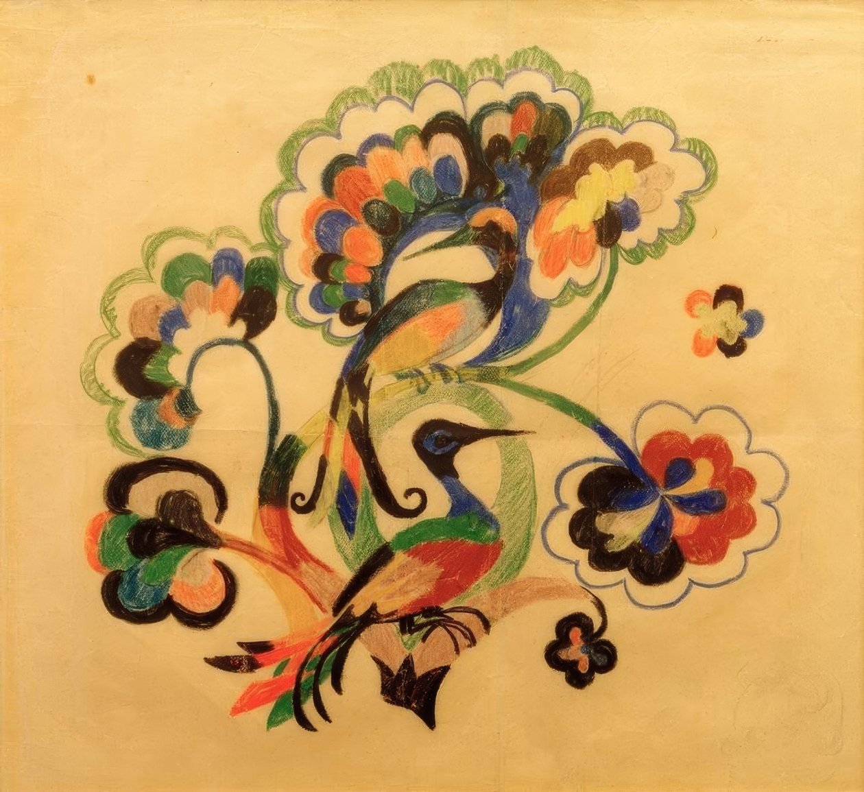 Pássaros coloridos nas árvores, design para bordado de August Macke