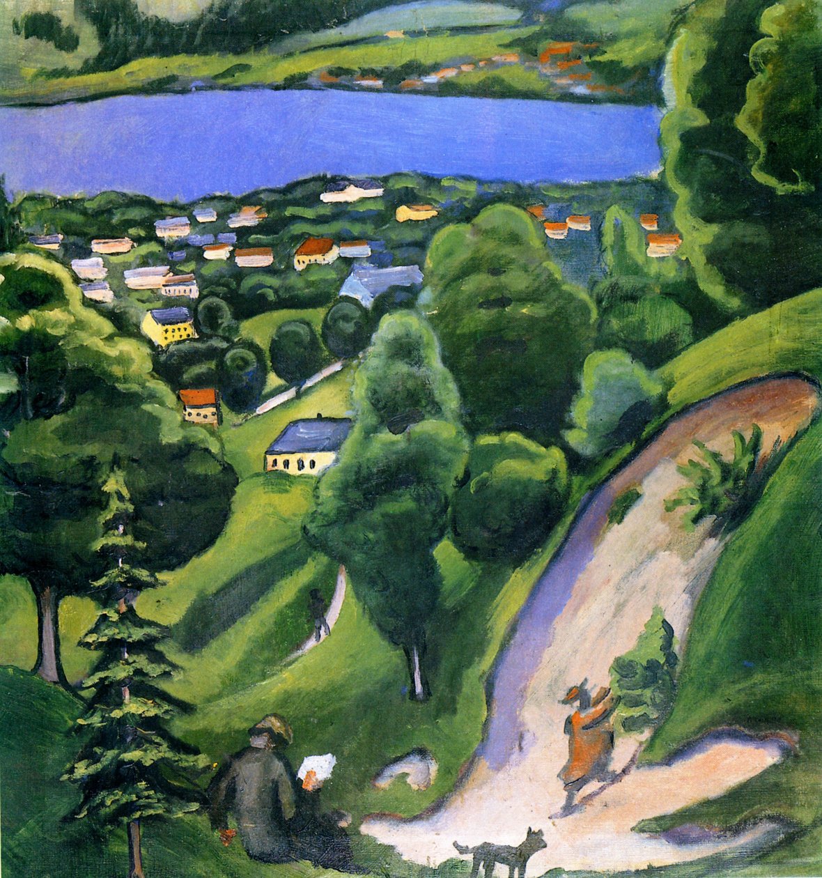 Paisagem no Teggernsee com homem de leitura de August Macke