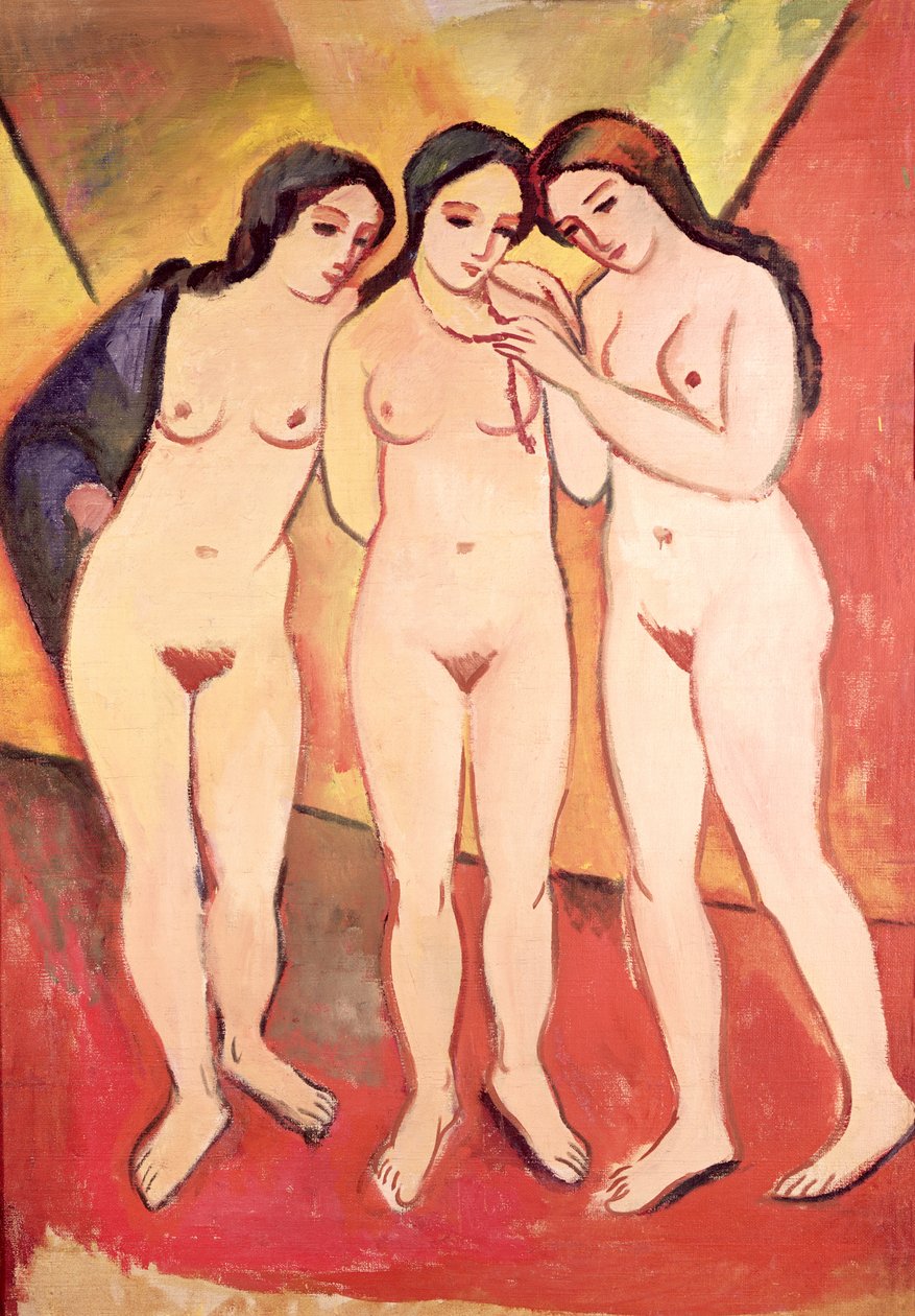 Três meninas nuas (vermelho e laranja) de August Macke