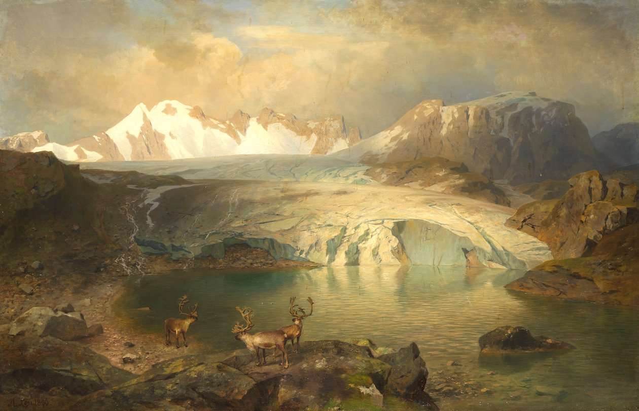 Paisagem do fiorde com geleira e renas de August Wilhelm Leu