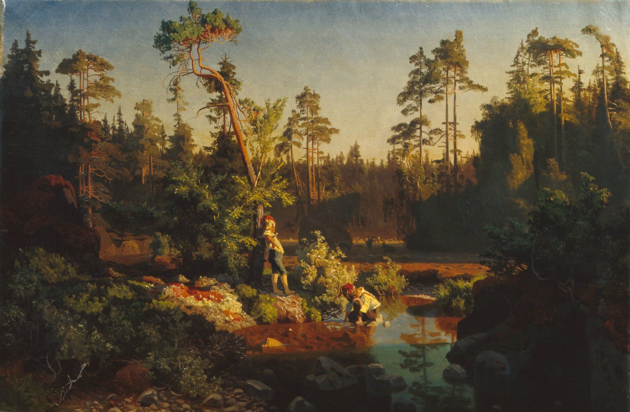 Meninos na floresta (Meninos pastores) (pintura) de August Cappelen