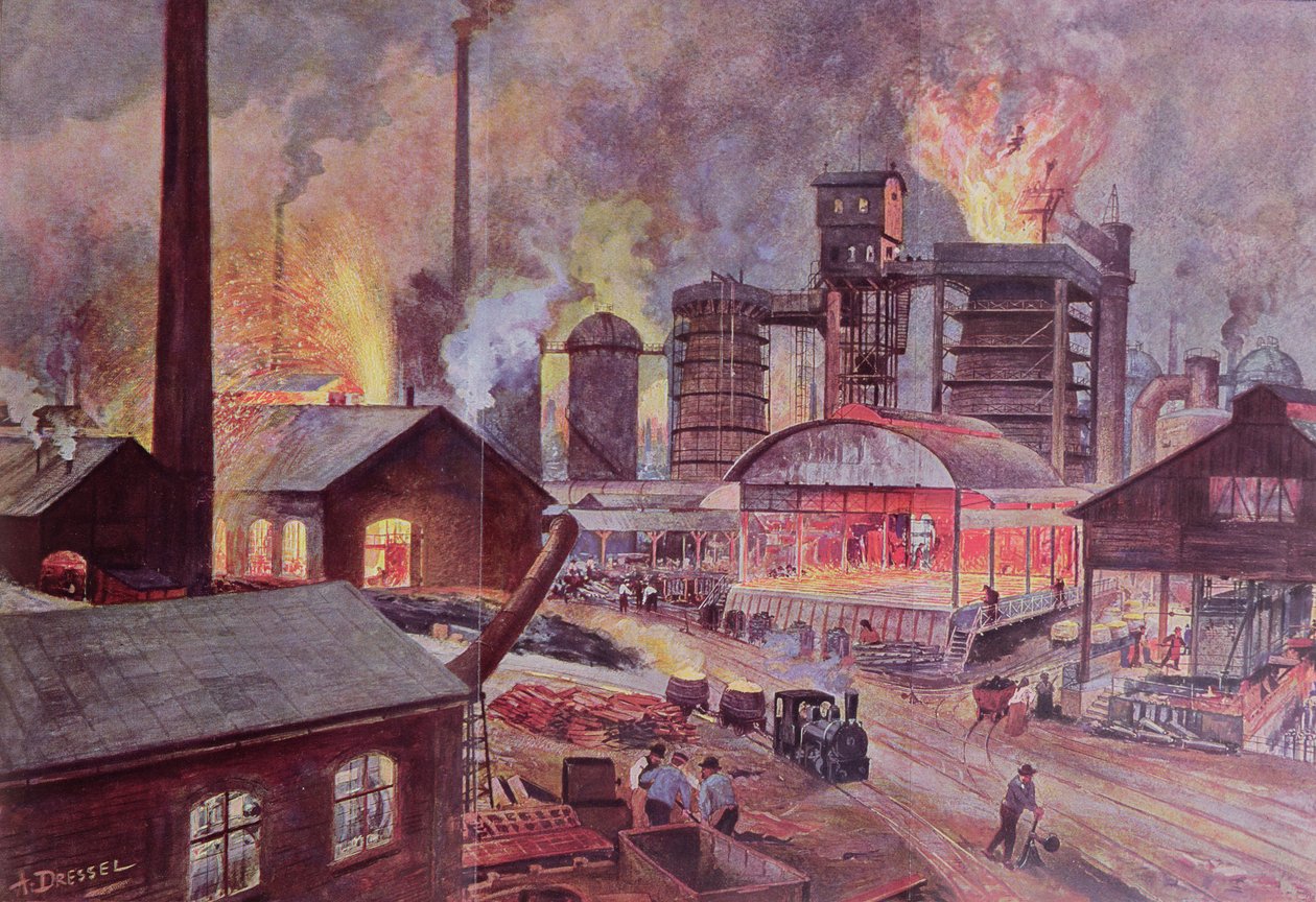 Fábrica com alto-forno, de uma série de livros sobre LUnivers et lHumanite de H. Kraemer, publicada em Paris no final do século XIX (gravura a cores) de August Dressel