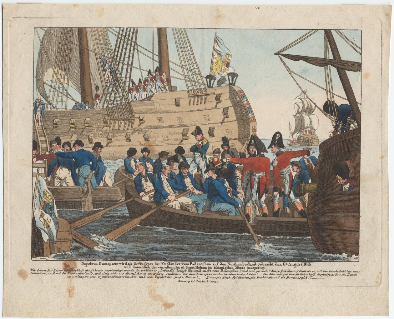 Napoleão Bonaparte como prisioneiro dos ingleses é trazido do Bellerophon para Northumberland em 8 de de August Friedrich Andreas Campe