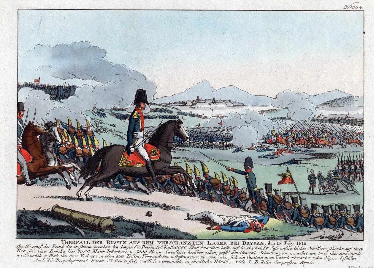Ataque russo do acampamento entrincheirado de Dryssa em 15 de julho de 1812 (bataille de la Drissa, Bielorussie de August Friedrich Andreas Campe