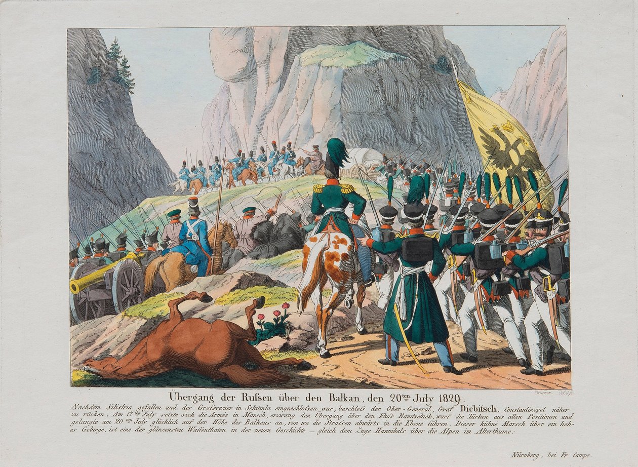 O exército do Graf Ivan Ivanovich Diebitsch atravessando os Balcãs, c. 1830 de August Friedrich Andreas Campe