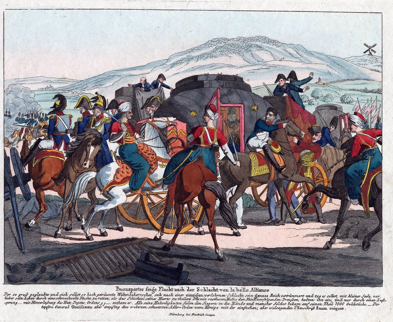 O Vôo de Napoleão após a Batalha de Waterloo (1815) - Campe, August Friedrich Andreas (1777-1846) - Gravura, aguarela - 21,5x26,3 - Coleção Privada de August Friedrich Andreas Campe