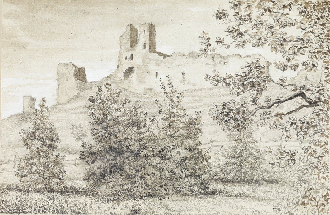 Vista das Ruínas do Castelo de Rakvere, 1828 (sépia e lápis sobre papel) de August Georg Wilhelm Pezold
