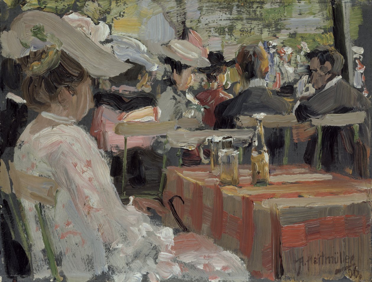 Um restaurante de jardim, 1906 (óleo no cartão) de August Heitmuller