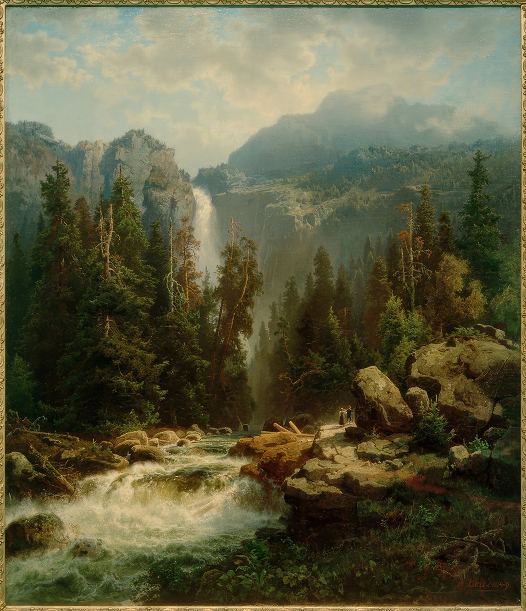 A.Leu d. Ä., Paisagem norueguesa com cascata de August Wilhelm Leu