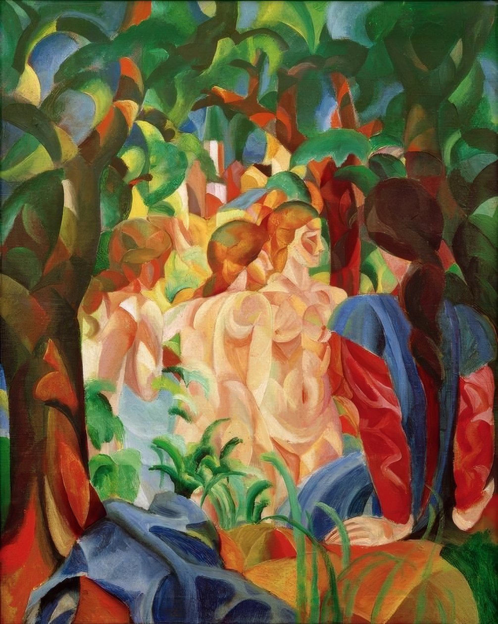 Menina de banhista com a cidade no fundo de August Macke