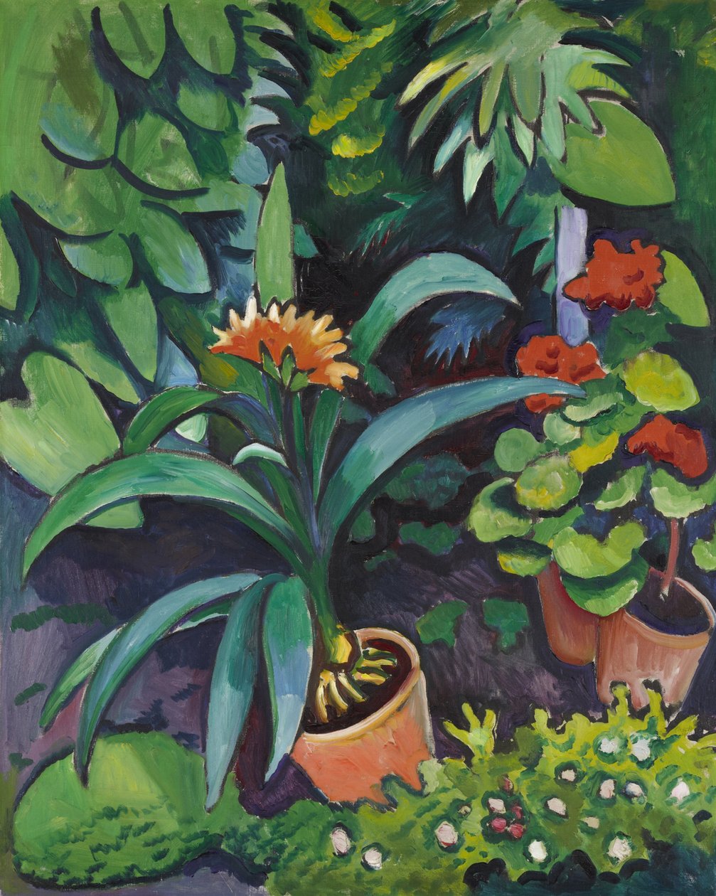 Flores no jardim, clivia e pelargonium de August Macke
