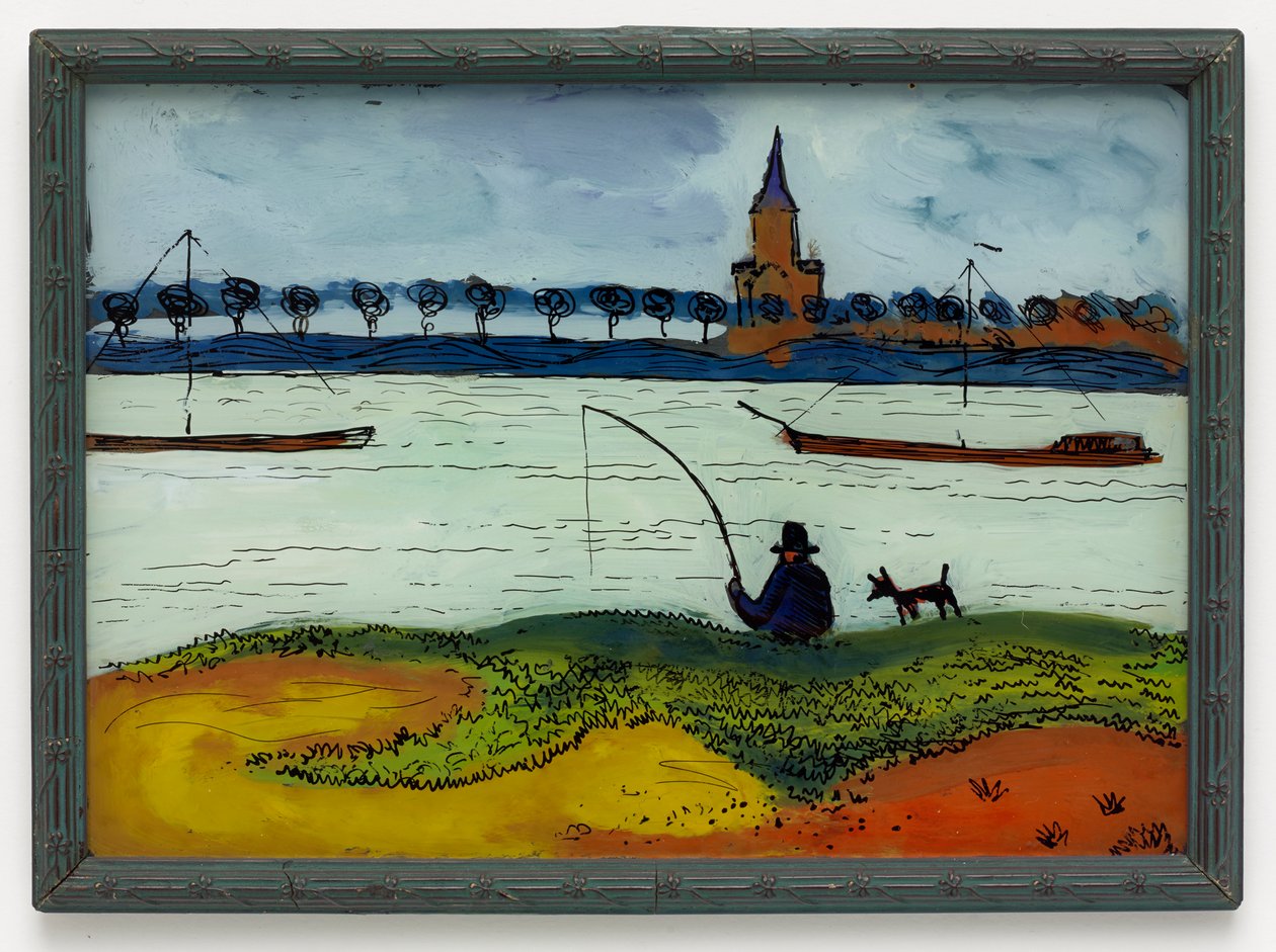 Paisagem ribeirinha com pescador de August Macke