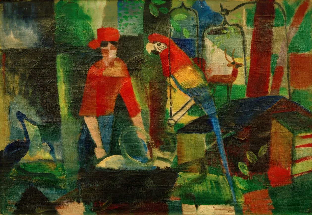 Mulher com papagaio em uma paisagem de August Macke