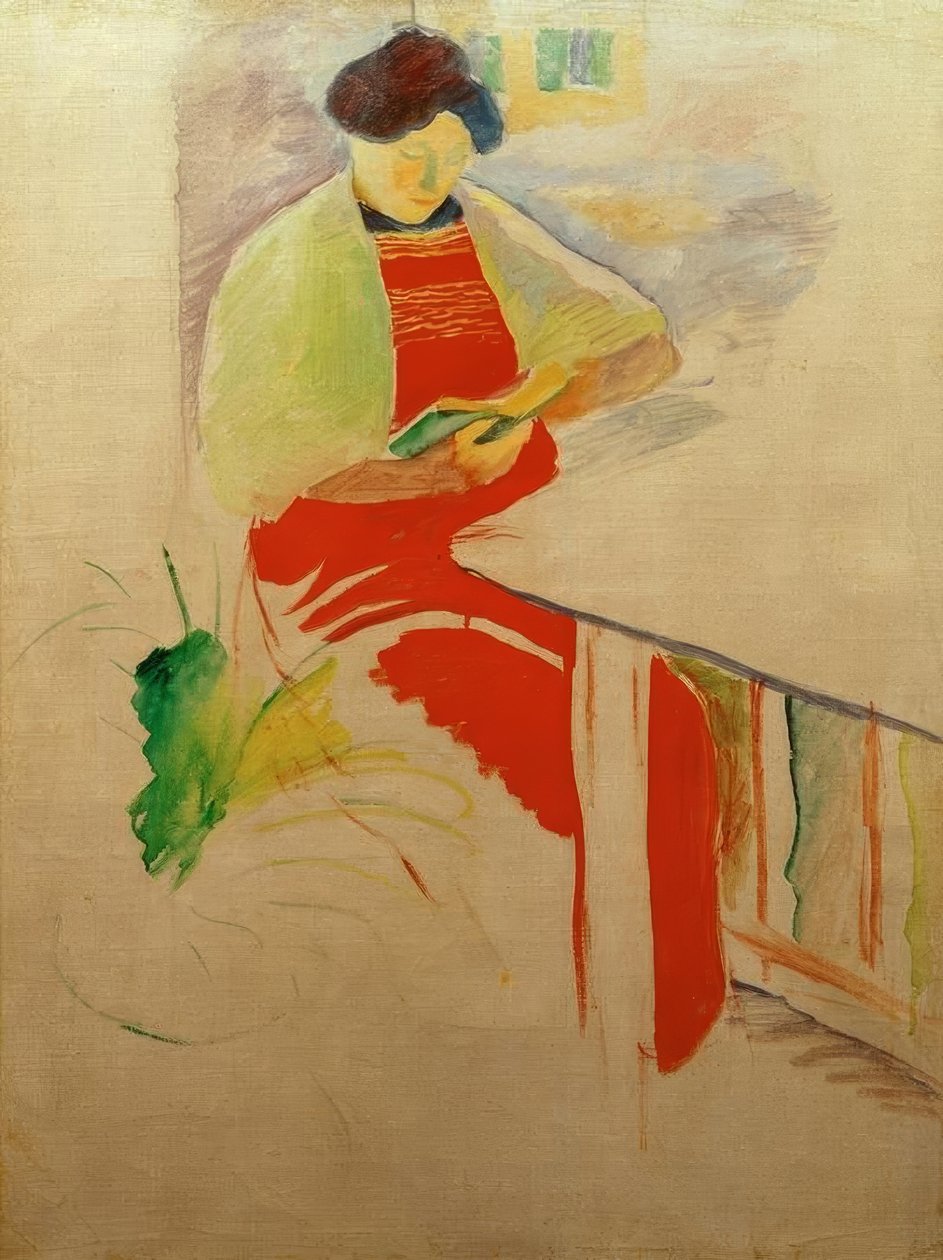 Mulher com avental vermelho na varanda (Elisabeth) de August Macke