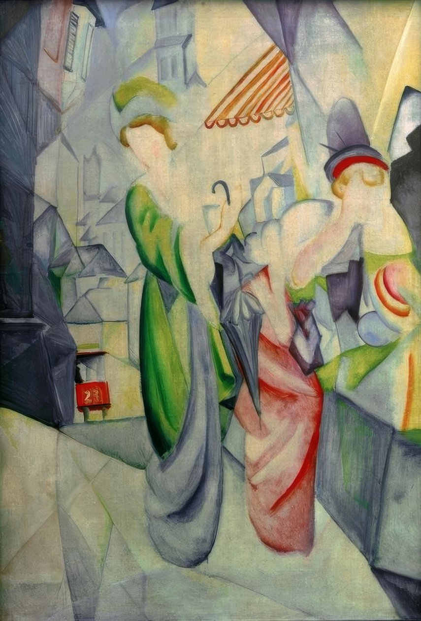 Mulheres brilhantes em frente à loja de chapéus de August Macke