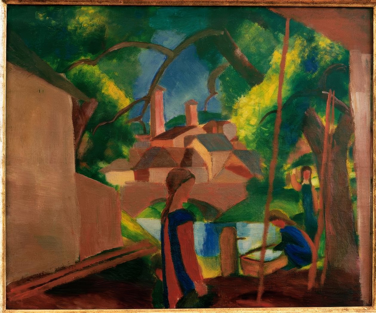 Crianças na fonte com cidade ao fundo de August Macke